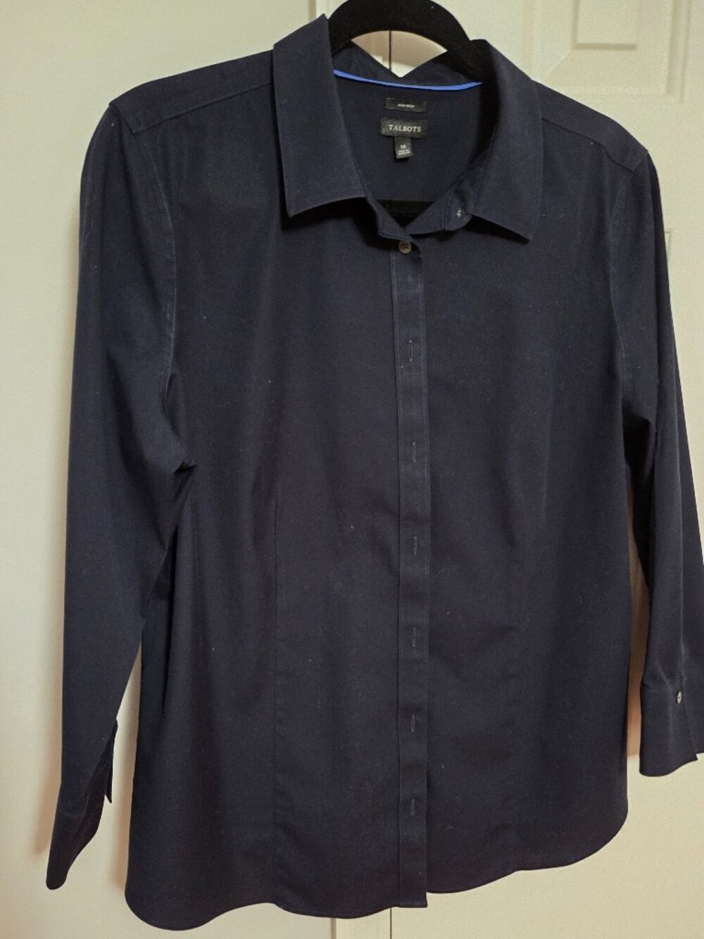 Talbots Button Down 3/4 Sleeve No-Iron Navy Shirt Size 14
